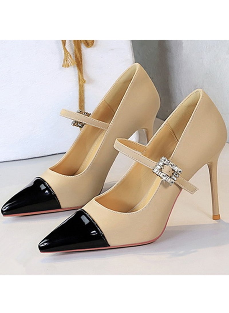 BIGTREE Women's Closed Pointed Toe High Heels Satin Patent Leather Combination Party Stiletto Pumps Khaki/Black 9.5CM - Image 1