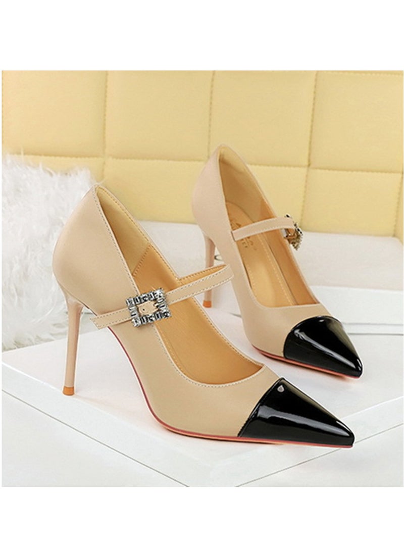 BIGTREE Women's Closed Pointed Toe High Heels Satin Patent Leather Combination Party Stiletto Pumps Khaki/Black 9.5CM - Image 2