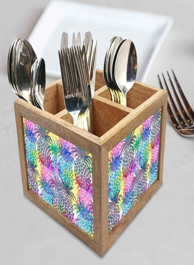Nutcase Wooden Cutlery Stand Holder Silverware Caddy Spoons Forks Knives Organizer for Dining Table & Kitchen -Made in India-Spoons NOT Included - Colorful Pineapple - Image 2