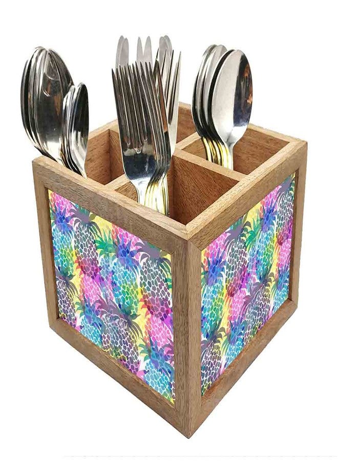 Nutcase Wooden Cutlery Stand Holder Silverware Caddy Spoons Forks Knives Organizer for Dining Table & Kitchen -Made in India-Spoons NOT Included - Colorful Pineapple - Image 1
