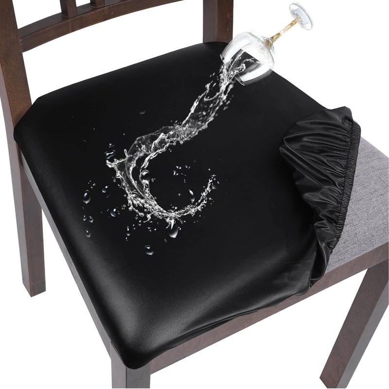 Waterproof PU Leather Seat Covers for Dining Chairs, 4 Pack Stretch Protectors (Black) - Image 1