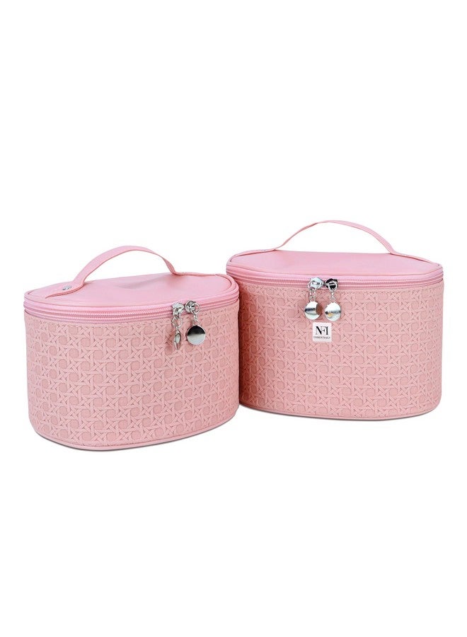 NFI essentials Canvas Set Of 2 Piece Casual Makeup Box Cosmetic Box Jewellery Box Trousseau Box Vanity Box Organizer Makeup Kit For Girl's Big Set Box Makeup Pouch Set, 16Cm, Pink - Image 1