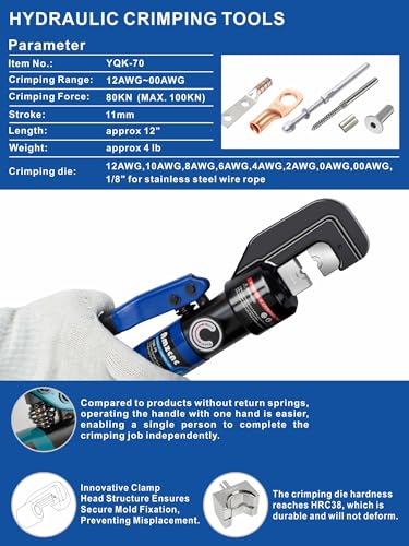 AMZCNC Hand Operated Hydraulic Crimping Tool Hydraulic Cable Lug Crimper 8 US TON 12 AWG to 00 (2/0) Electrical Terminal Cable Wire Tool Kit with 9 Die - Image 2
