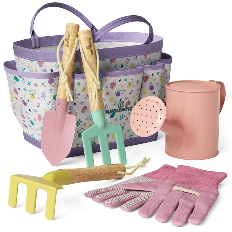 Kinderific Gardening Set, Tool Kit, for Kids, STEM, Includes Tote Bag, Spade, Watering Can, Rake, Fork, Trowel and Gloves, Egg Hunt - Image 1