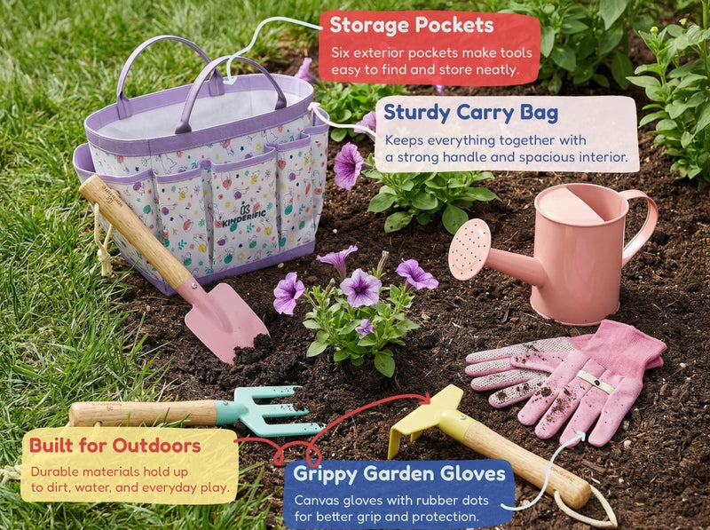 Kinderific Gardening Set, Tool Kit, for Kids, STEM, Includes Tote Bag, Spade, Watering Can, Rake, Fork, Trowel and Gloves, Egg Hunt - Image 5