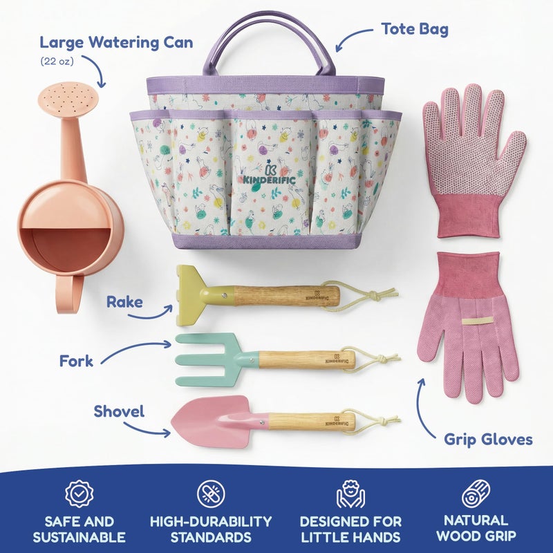 Kinderific Gardening Set, Tool Kit, for Kids, STEM, Includes Tote Bag, Spade, Watering Can, Rake, Fork, Trowel and Gloves, Egg Hunt - Image 3