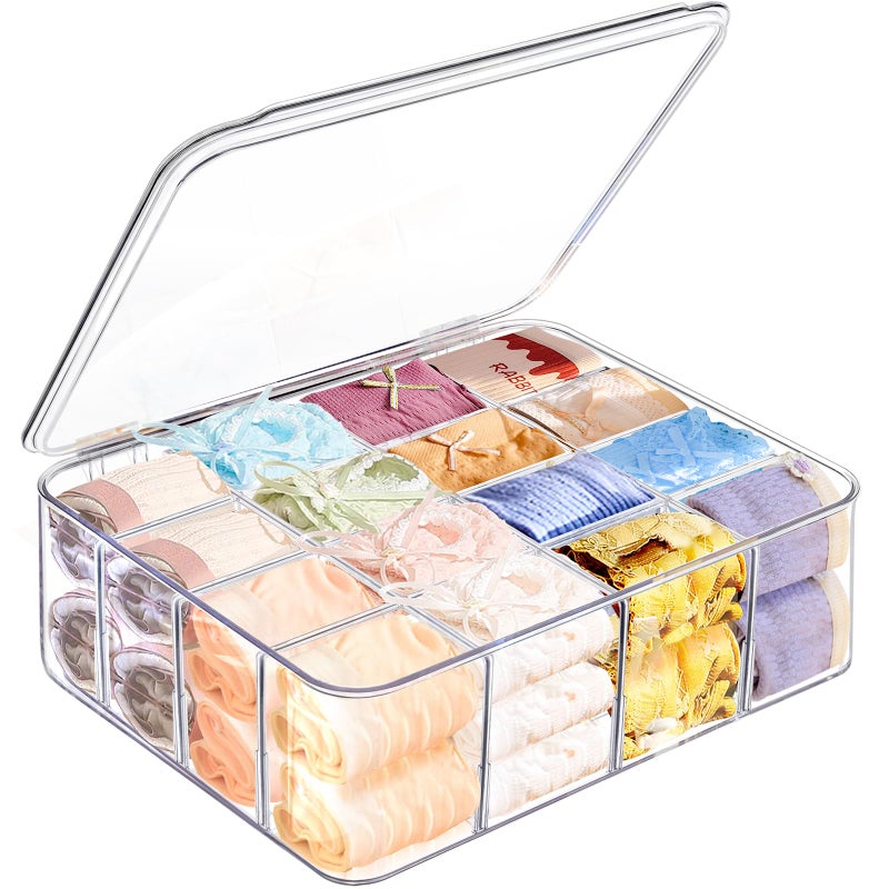 sunoyar Sock Underwear Organizer, 16 Compartment Adjustable Dividers Tie Bras Socks Underwear Drawer Organizers for Closet, Clear Plastic Storage Containers Box with Lids for Bra Ties Scarf Socks - Image 2