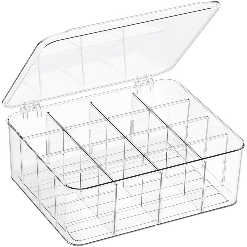 sunoyar Sock Underwear Organizer, 16 Compartment Adjustable Dividers Tie Bras Socks Underwear Drawer Organizers for Closet, Clear Plastic Storage Containers Box with Lids for Bra Ties Scarf Socks - Image 1