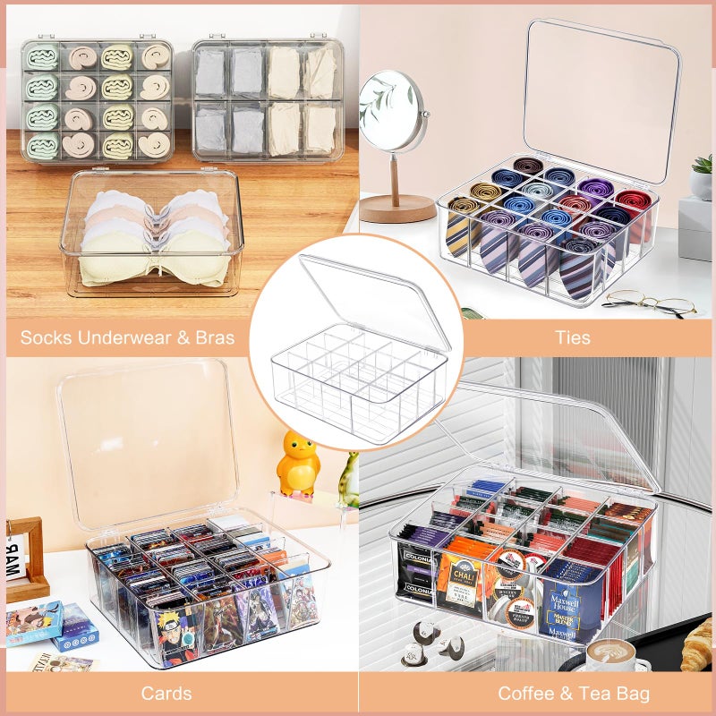 sunoyar Sock Underwear Organizer, 16 Compartment Adjustable Dividers Tie Bras Socks Underwear Drawer Organizers for Closet, Clear Plastic Storage Containers Box with Lids for Bra Ties Scarf Socks - Image 5