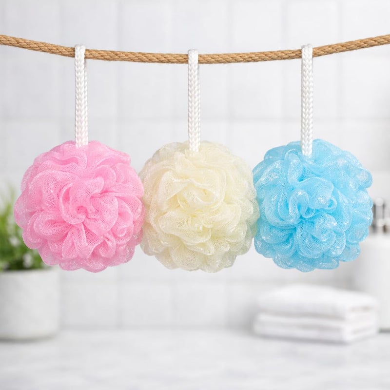 Kaliva 3 Piece Ultra Soft Bath Loofah Set (30g), Multi Color Mesh Sponge for Exfoliating Body Cleansing and Thickening Foam