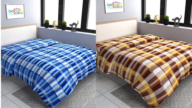 MORADO MORADO Single Bed Woolen Fabric Checkered Quilt CoverDuvet CoverRajai CoverBlanket Cover for Winters 60x90 Inches Blue and Brown Combo of 2 - Image 1