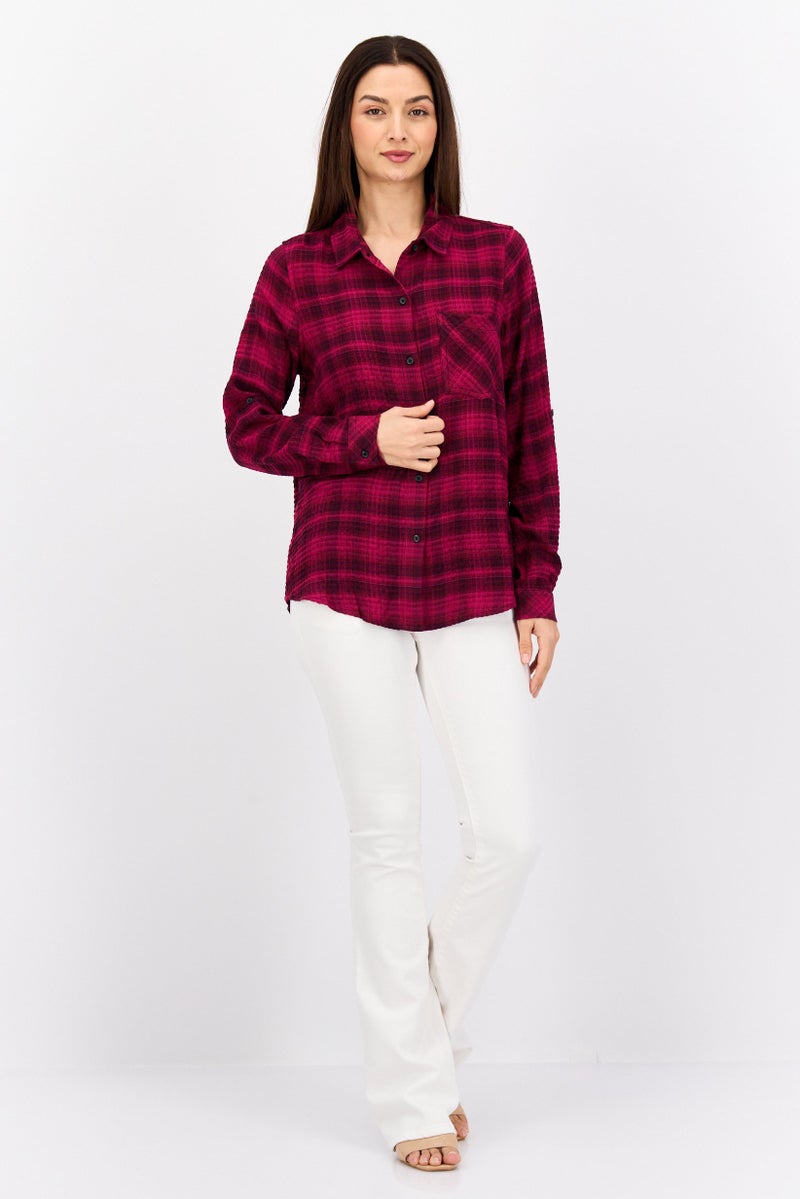 Black Tape Women Regular Fit Plaid Long Sleeves Casual Shirt, Purple  - Image 3
