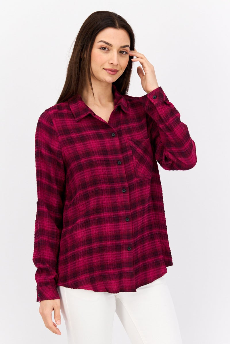 Black Tape Women Regular Fit Plaid Long Sleeves Casual Shirt, Purple  - Image 1