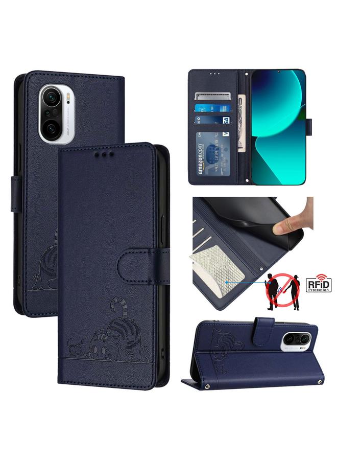 The Bros Case For Xiaomi POCO F3 / 11i Cat Rat Embossed Pattern RFID Leather Phone Case with Lanyard