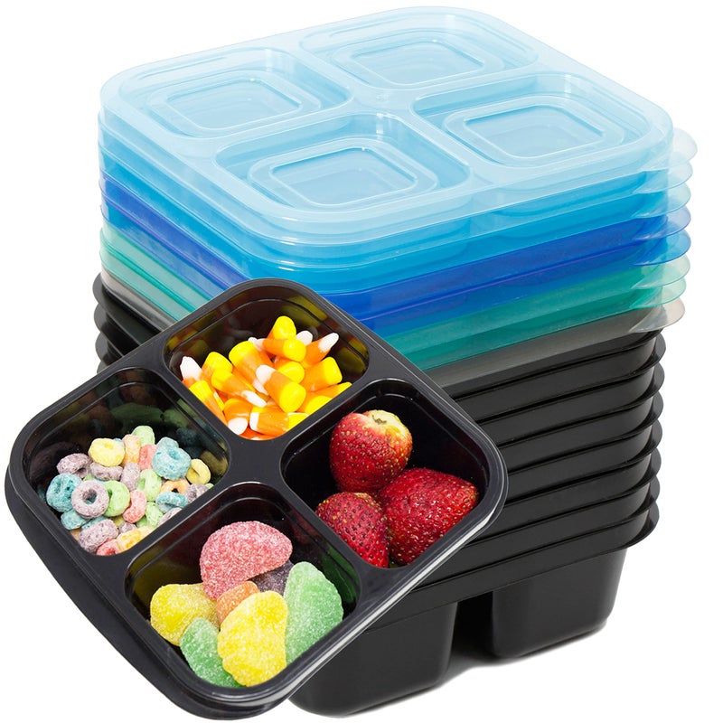 Youngever 8 Pack 4Compartment Reusable Snack Box Food Containers Bento Lunch Box Meal Prep Containers Divided Food Storage Containers Coastal Color