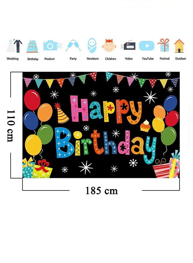 DURKU Happy Birthday Banner, Colorful Fun Birthday Balloons Birthday Backdrop Decorations, Photography Booth Backdrop Cloth, Indoor Outdoor Wall Decor, Party Supplies For Kids Girls Boys Baby Shower, 185x110 cm - Image 2