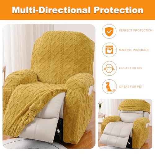 Master Pink 4 Pieces Large Recliner Chair Covers, Geometric Jacquard Plush Recliner Slipcovers, Couch Sofa Covers, Soft Fuzzy Fluffy Anti-Slip Furniture Protector for Cats Dogs Elastic Bottom (Yellow,1 Seat) - Image 5