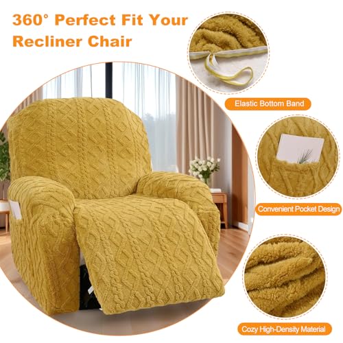 Master Pink 4 Pieces Large Recliner Chair Covers, Geometric Jacquard Plush Recliner Slipcovers, Couch Sofa Covers, Soft Fuzzy Fluffy Anti-Slip Furniture Protector for Cats Dogs Elastic Bottom (Yellow,1 Seat) - Image 3