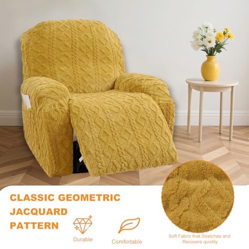 Master Pink 4 Pieces Large Recliner Chair Covers, Geometric Jacquard Plush Recliner Slipcovers, Couch Sofa Covers, Soft Fuzzy Fluffy Anti-Slip Furniture Protector for Cats Dogs Elastic Bottom (Yellow,1 Seat) - Image 4