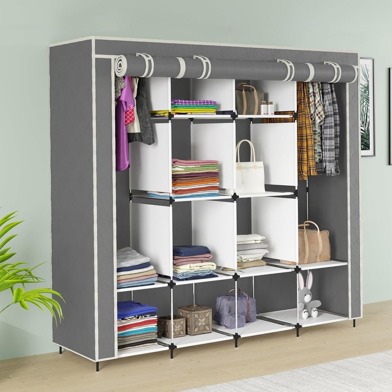 GTC GTC 12 Shelves Fancy Layer Collapsible Wardrobe Portable Almirah Foldable Racks for Clothes Cupboard Cloth Organizer Non Rustable Iron and PP Plastic Self Assemble 88270 Grey  - Image 1