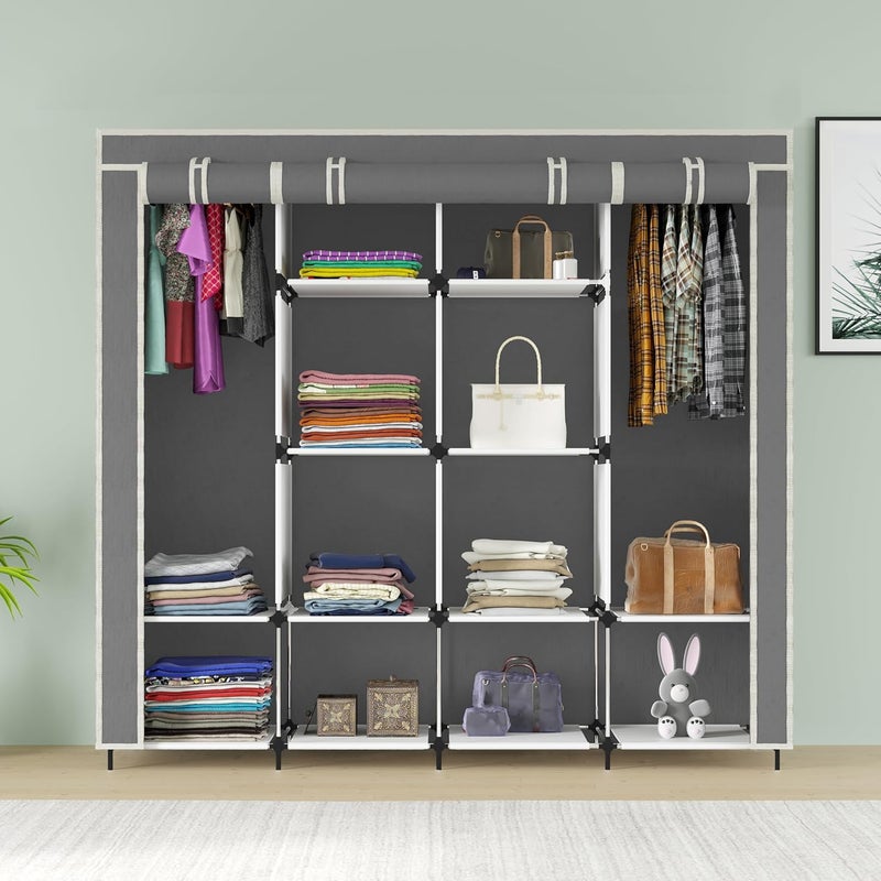 GTC GTC 12 Shelves Fancy Layer Collapsible Wardrobe Portable Almirah Foldable Racks for Clothes Cupboard Cloth Organizer Non Rustable Iron and PP Plastic Self Assemble 88270 Grey  - Image 2