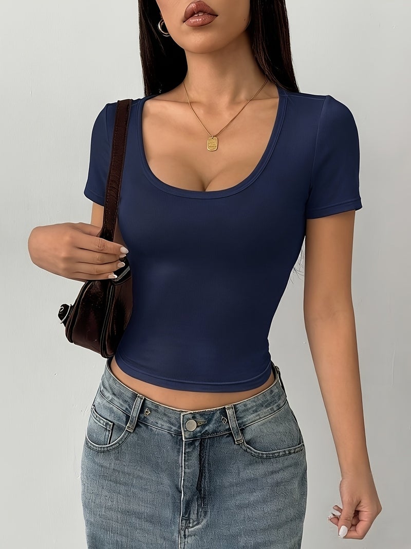 Spring\u002FSummer Women's Slim - Fit Solid Color Round Neck Short Sleeve Top, Body - hugging Base Layer, Fashionable Simple and Versatile Top, Suitable for All Seasons, Comfortable... - Image 2