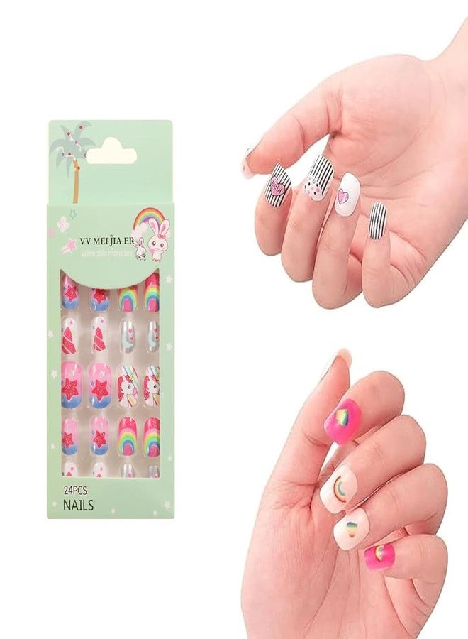 KRIVTEJ 24pcs Cute Fake Nails for Kids Press On Nails Set - 24PCS Nails with Designs for Girls | Easy Stick-On Acrylic Nails,Reusable Children’s Manicure Set (Refreshing and Cute) Multicolor (Pack Of 1) - Image 1