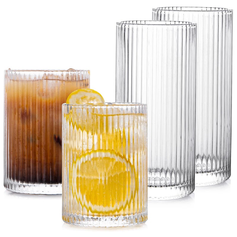 Drinking Glasses with Origami Style Set of 4pcs Glass Cups2 Highball Glasses  2 Rocks GlassesElegant Ripple Vintage GlasswareIced Coffee GlassesIdeal for Cocktail Whiskey Beer Juice Water