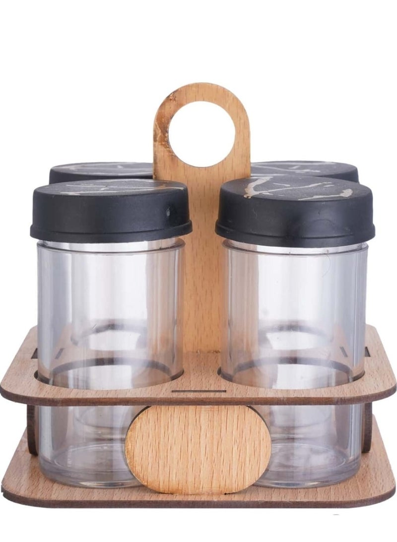 Acrylic Spice Jar Set – 4 Pieces with Plastic Lids and Wooden Stand (90 ml, Transparent/Black) - Image 1