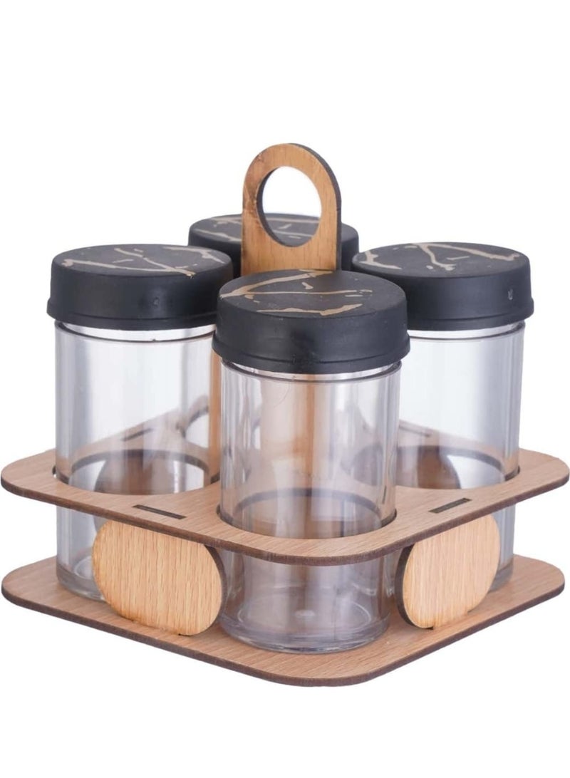 Acrylic Spice Jar Set – 4 Pieces with Plastic Lids and Wooden Stand (90 ml, Transparent/Black) - Image 2