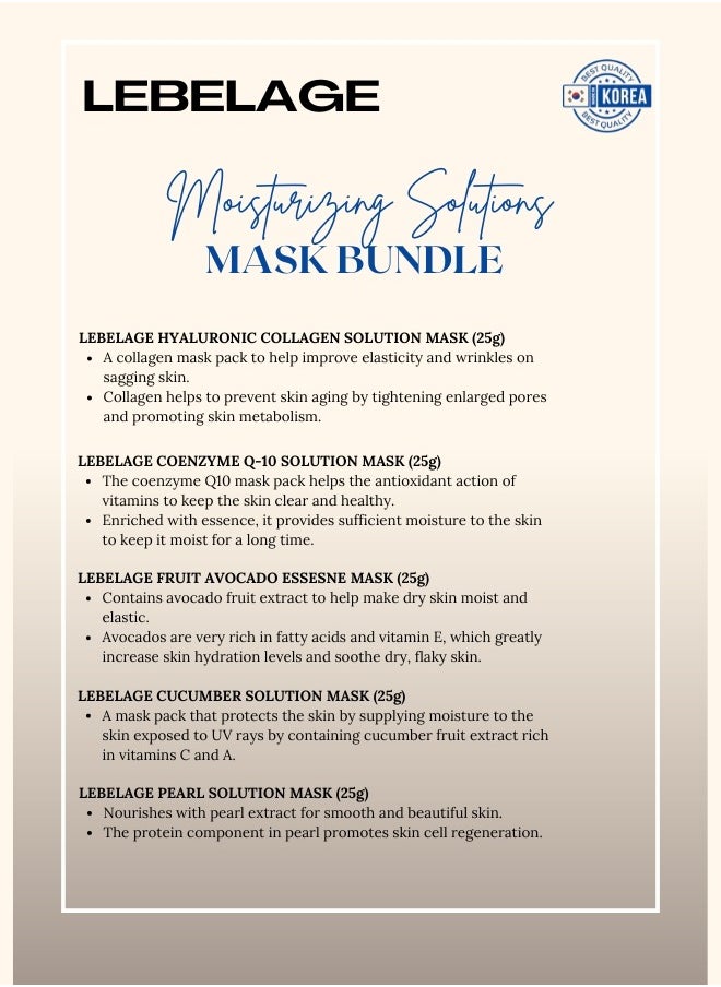 Lebelage MOISTURIZING SOLUTIONS VARIETY MASK PACK (PACK OF FIVE MASKS) | KOREAN MADE SKIN CARE  - Image 2