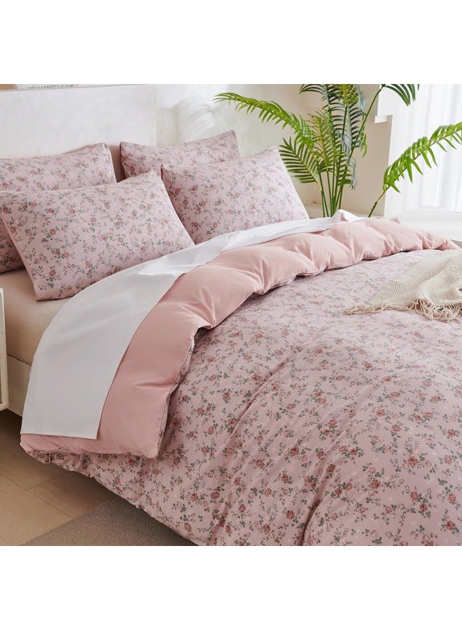 TISPLR Queen Size Comforter Set Floral 3 Pieces Soft Chic Seersucker Garden Style Pink Flower Print Botanical Comforter for All Seasons Luxury Warmth Comfy Breathable with 2 Pillowcases - Image 4