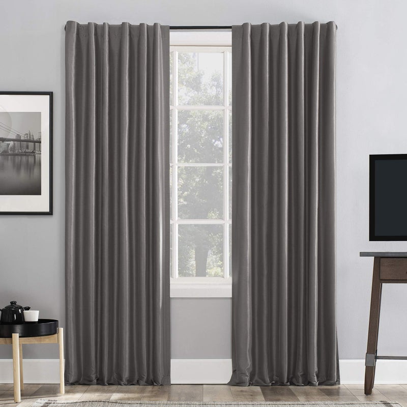 Sun Zero Greyson Faux Dupioni Silk Thermal Extreme Total Blackout Back Tab Curtain Panel 50 x 95 Iron Gray