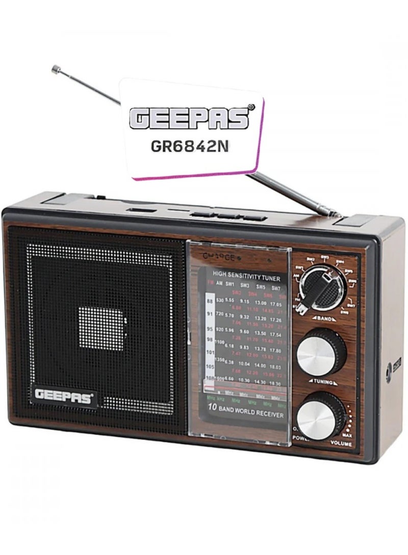 GEEPAS Geepas GR6842 Rechargeable Radio - BT/USB/SD /TF Music Player, Bluetooth Speaker, Lightweight Portable FM Radio, 10 Band Radio, Stylish Retro Design  - Image 1