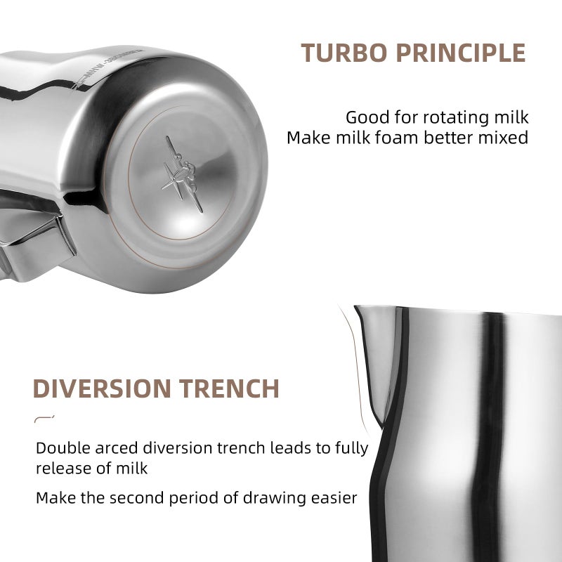 MHW-3BOMBER إبريق رغوة الحليب 450 مل/15.2 أونصة إبريق رغوة الحليب إبريق بخار الإسبريسو إبريق الحليب من الفولاذ المقاوم للصدأ إبريق رغوة الحليب فنان اللاتيه فوهة دائرية إبريق الحليب P6001S-OS - Image 5