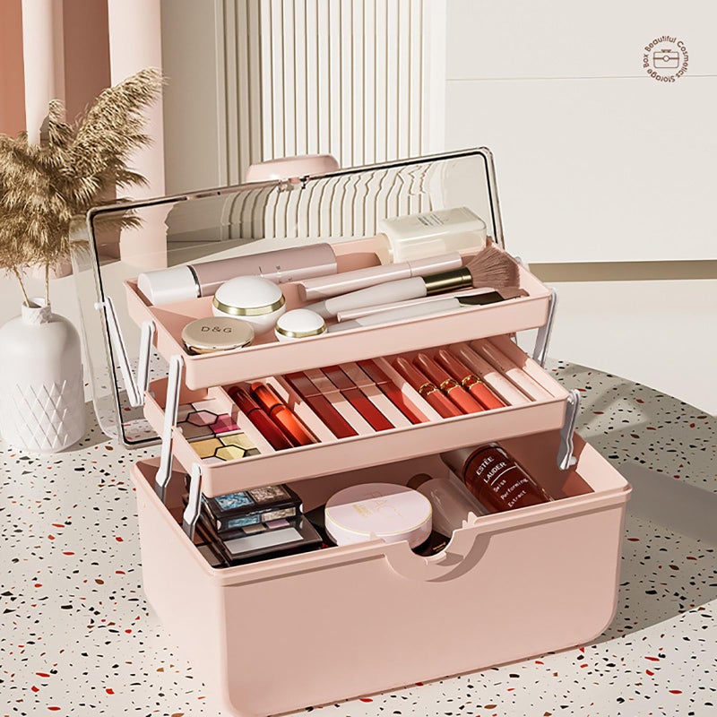 دبليو ام ام منظم تخزين المكياج من Wmm منظم مكياج بسعة كبيرة مع مقبض غطاء مرئي شفاف 3 طبقات صندوق تخزين مستحضرات التجميل المحمول لتنظيم مستحضرات التجميل والمجوهرات وإكسسوارات الشعر بسهولة - Image 3