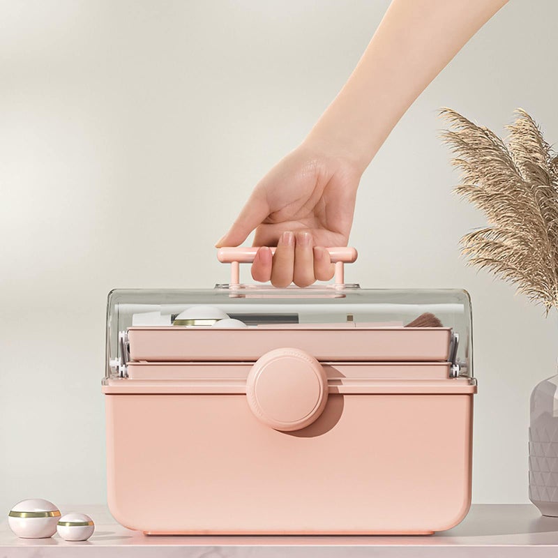 دبليو ام ام منظم تخزين المكياج من Wmm منظم مكياج بسعة كبيرة مع مقبض غطاء مرئي شفاف 3 طبقات صندوق تخزين مستحضرات التجميل المحمول لتنظيم مستحضرات التجميل والمجوهرات وإكسسوارات الشعر بسهولة - Image 5