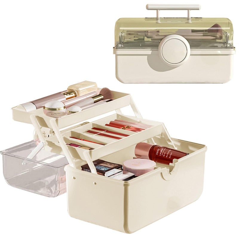دبليو ام ام منظم تخزين المكياج من Wmm منظم مكياج بسعة كبيرة مع مقبض غطاء مرئي شفاف 3 طبقات صندوق تخزين مستحضرات التجميل المحمول لتنظيم مستحضرات التجميل والمجوهرات وإكسسوارات الشعر بسهولة - Image 1