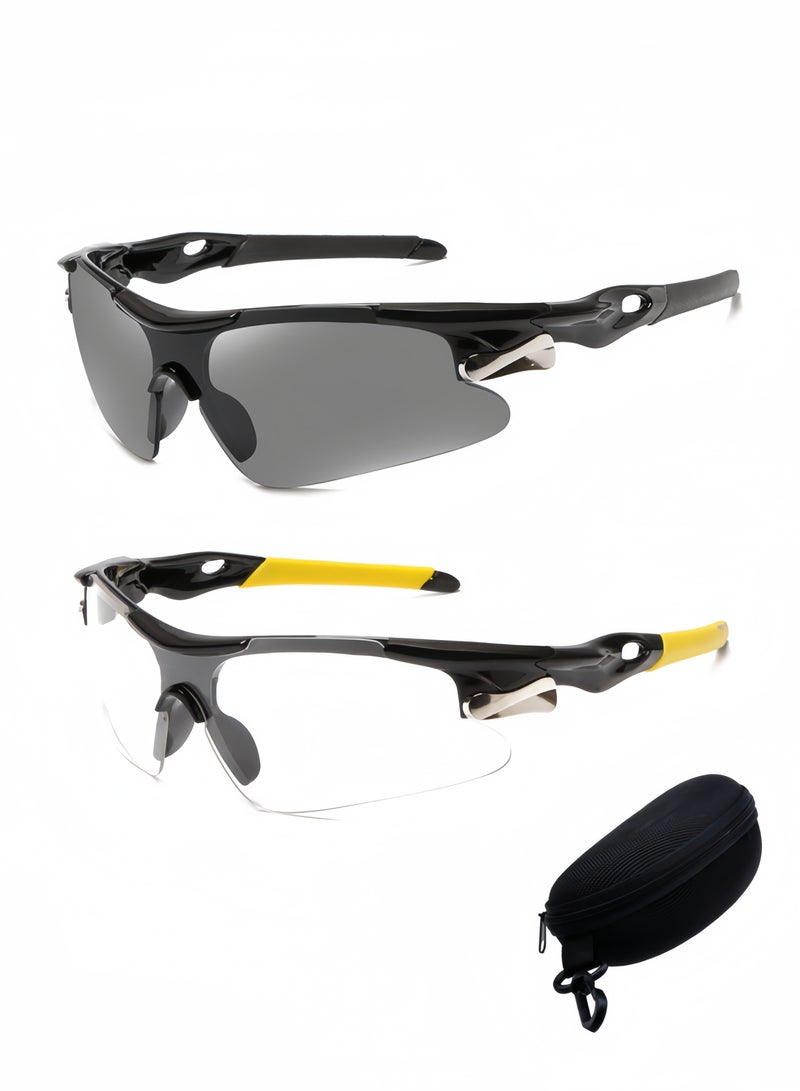 قطعتان من نظارات الشمس الرياضية الخارجية للحماية من الأشعة فوق البنفسجية بنصف إطار، نظارات شمسية رياضية مستقطبة للأشعة فوق البنفسجية 400 لركوب الدراجات، نظارات مقاومة للرياح لجولف البيسبول (أسود + شفاف) - Image 1