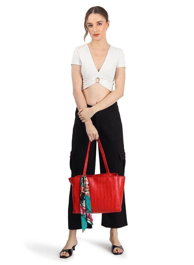 DANIEL CLARK Textured Red Tote Bag with Printed Scarf Accent - Image 2