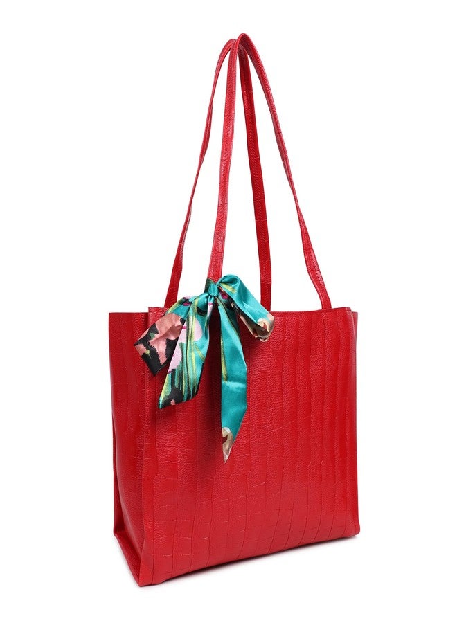 DANIEL CLARK Textured Red Tote Bag with Printed Scarf Accent - Image 1
