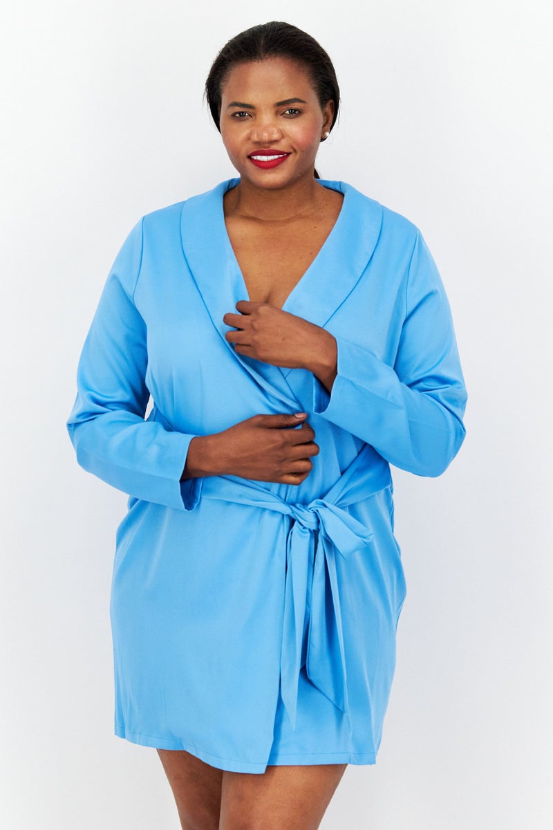 In the style Women Plus Size  Plain Wrap Dress, Blue - Image 1