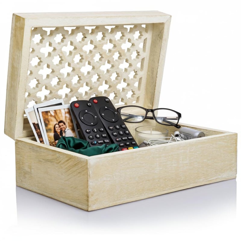 Mela Artisans Large Wooden Keepsake Box | Whitewash Memory & Decorative Storage Box for Jewelry, Photos & Trinkets with Hinged Lid | vintage Storage Box | Trellis Design | 9 x 6 x 3.5 - Image 1