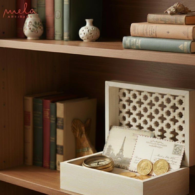 Mela Artisans Large Wooden Keepsake Box | Whitewash Memory & Decorative Storage Box for Jewelry, Photos & Trinkets with Hinged Lid | vintage Storage Box | Trellis Design | 9 x 6 x 3.5 - Image 3