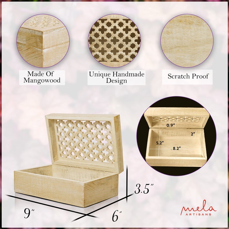 Mela Artisans Large Wooden Keepsake Box | Whitewash Memory & Decorative Storage Box for Jewelry, Photos & Trinkets with Hinged Lid | vintage Storage Box | Trellis Design | 9 x 6 x 3.5 - Image 2