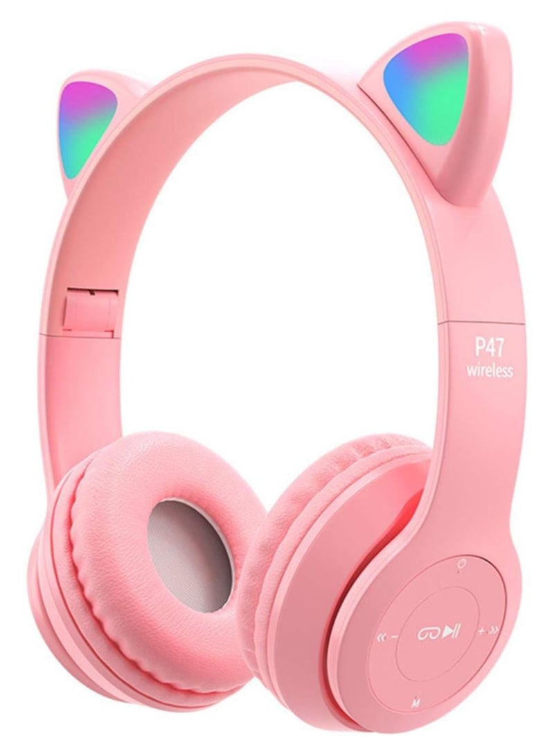 Small Wireless Gaming Headset, LED Light Up Cat Ear Shaped Headphones, Cartoon Luminous Head-mounted Stereo Bluetooth for Kids Adult Pink Headset Wireless - Image 1