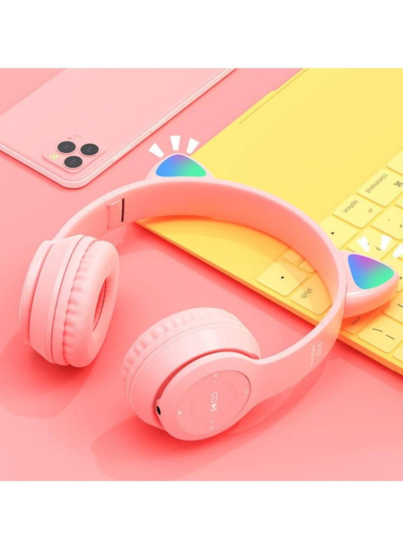 Small Wireless Gaming Headset, LED Light Up Cat Ear Shaped Headphones, Cartoon Luminous Head-mounted Stereo Bluetooth for Kids Adult Pink Headset Wireless - Image 2