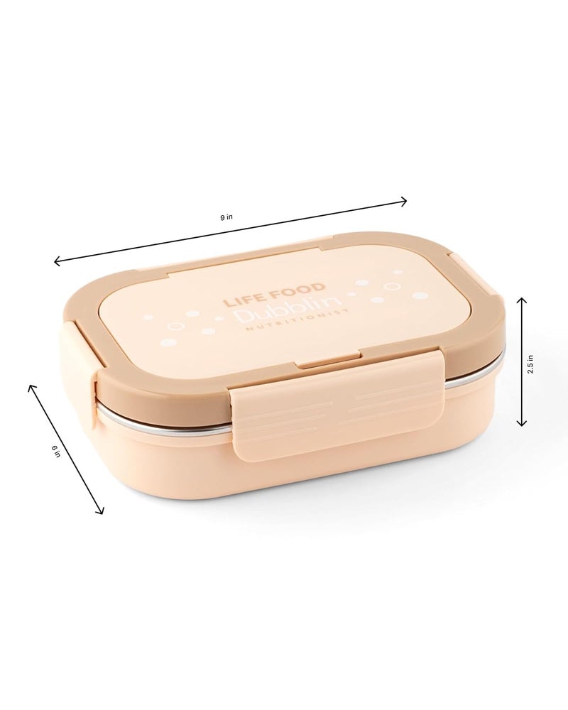 DUBBLIN Bento Two Compartment Lunch Box | BPA-Free Insulated Body | Four-Side Lock | Durable & Compact with Spoon & Sabzi Container Inside, Brown,750ml - Image 2