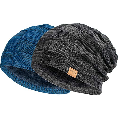 Vgogfly Slouchy Beanie for Men Winter Hats for Guys Cool Beanies Mens Lined Knit Warm Thick Skully Stocking Binie Hat Black/Blue - Image 1