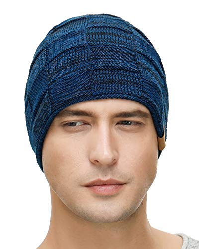 Vgogfly Slouchy Beanie for Men Winter Hats for Guys Cool Beanies Mens Lined Knit Warm Thick Skully Stocking Binie Hat Black/Blue - Image 2